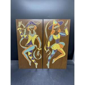 Vintage Pair Harlequin Dancers Gravel Wall Art Mid Century